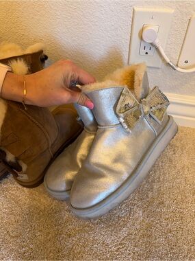 UGG Metallic Silver Sequin Bow Mini Booties